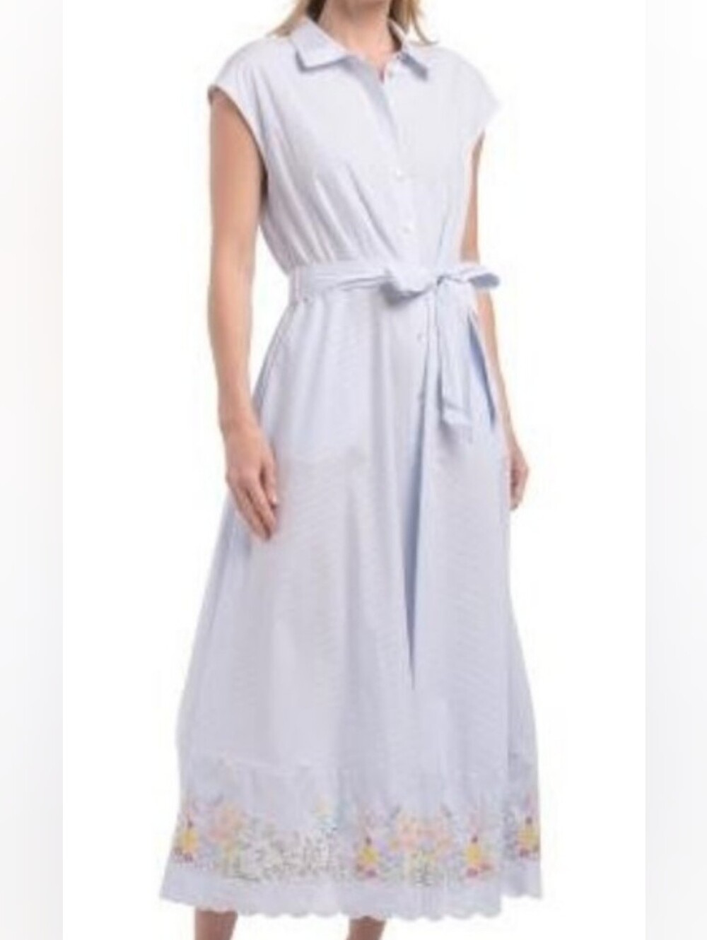 NWT - Ellen Tracy Cotton Blue Pinstripe Embroidered Hem Maxi Shirtdress - M